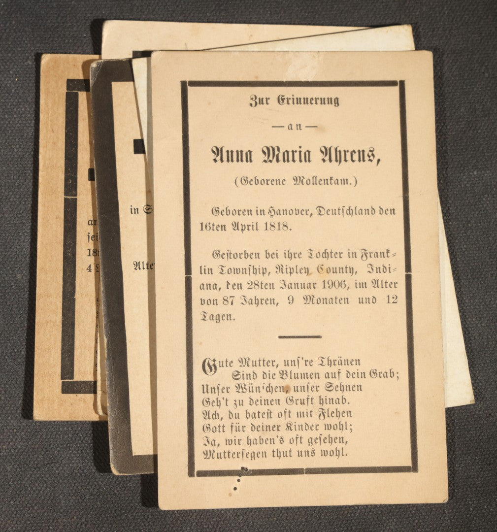 Grouping of 16 Antique German-Language Mourning Memorial Cards, German Immigrant Families, Ripley County, Indiana Area, Circa 1899-1906