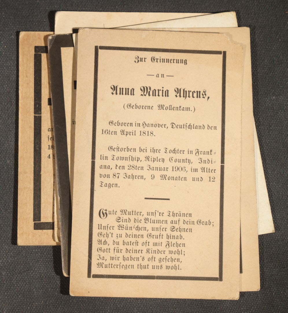 Grouping of 16 Antique German-Language Mourning Memorial Cards, German Immigrant Families, Ripley County, Indiana Area, Circa 1899-1906