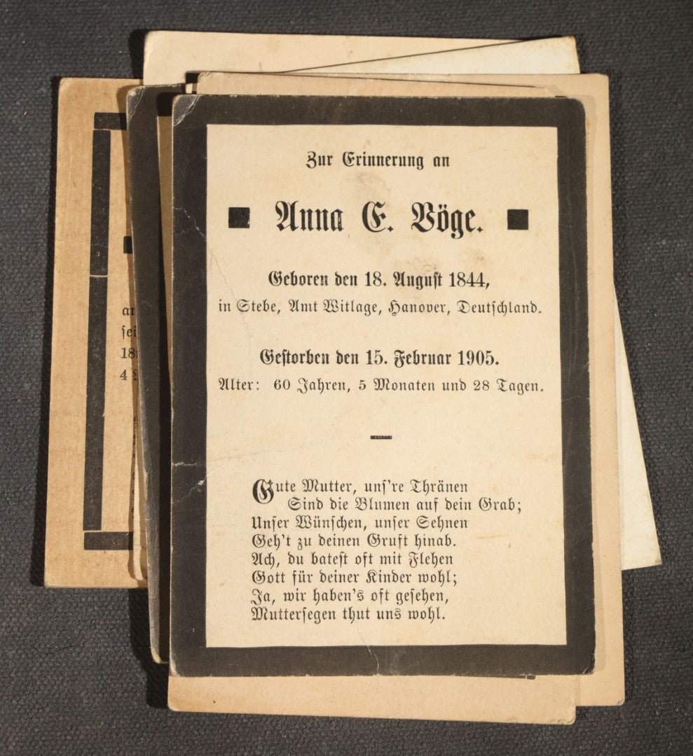 Grouping of 16 Antique German-Language Mourning Memorial Cards, German Immigrant Families, Ripley County, Indiana Area, Circa 1899-1906