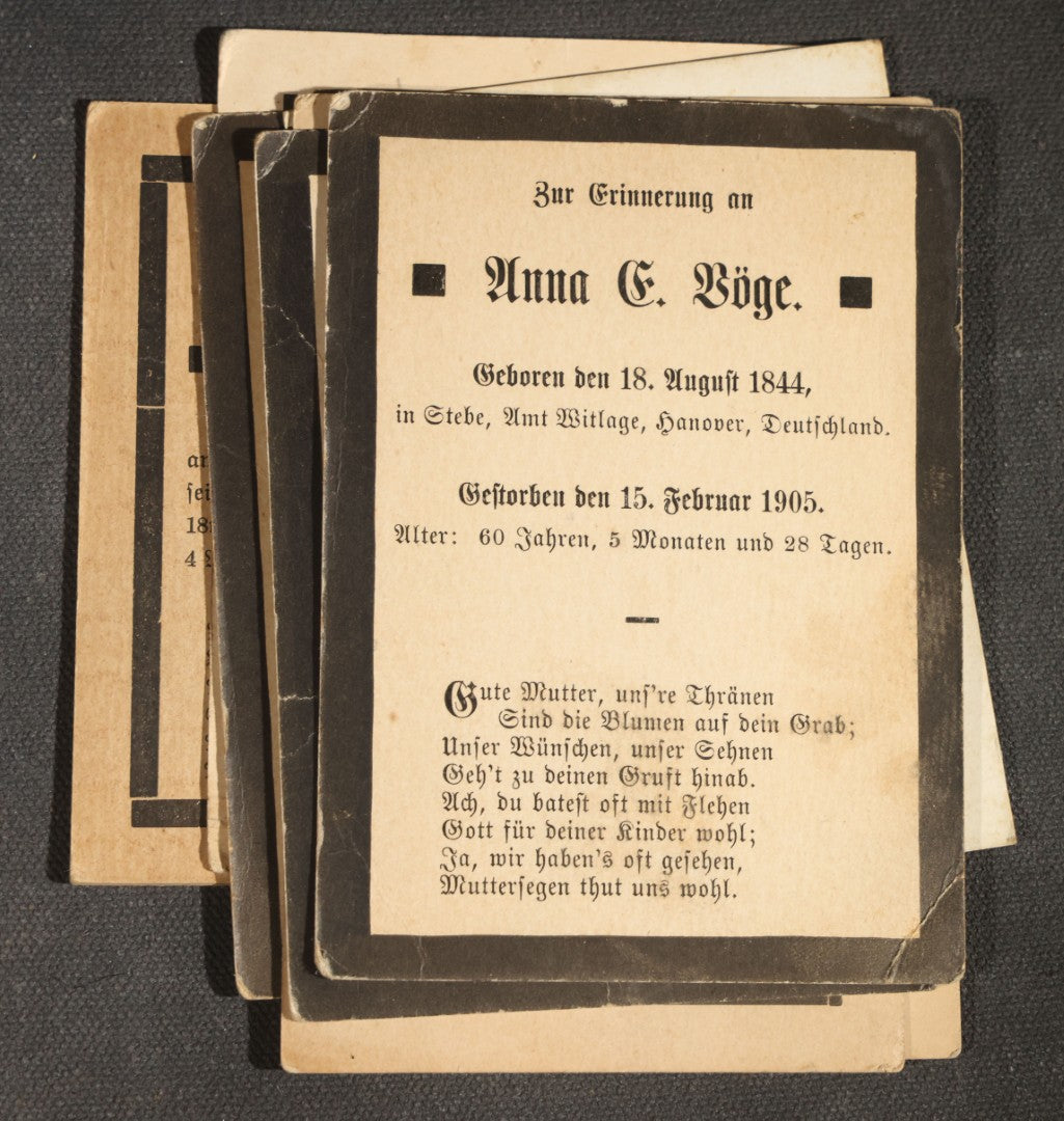 Grouping of 16 Antique German-Language Mourning Memorial Cards, German Immigrant Families, Ripley County, Indiana Area, Circa 1899-1906