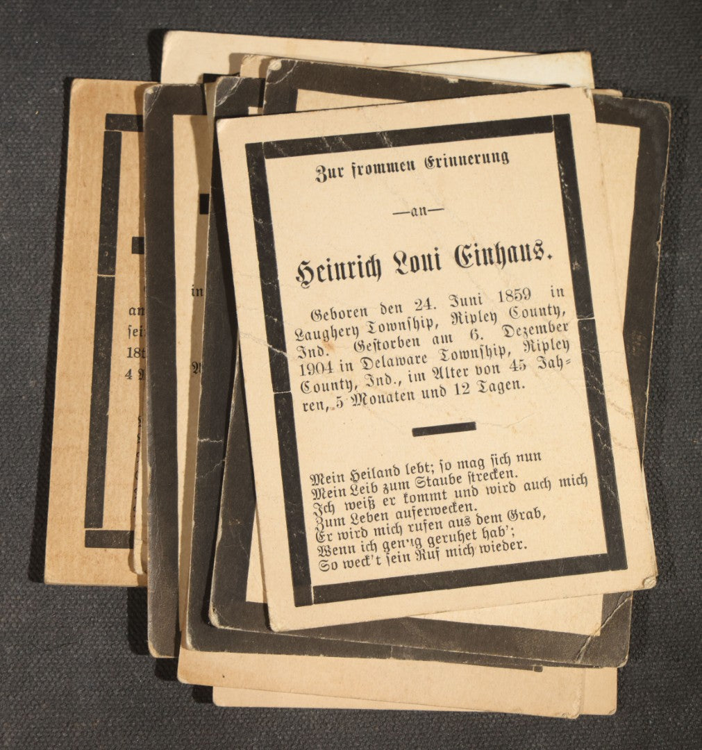 Grouping of 16 Antique German-Language Mourning Memorial Cards, German Immigrant Families, Ripley County, Indiana Area, Circa 1899-1906