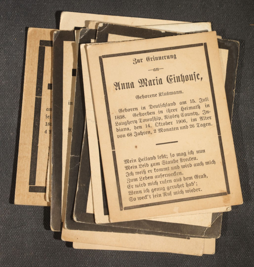 Grouping of 16 Antique German-Language Mourning Memorial Cards, German Immigrant Families, Ripley County, Indiana Area, Circa 1899-1906