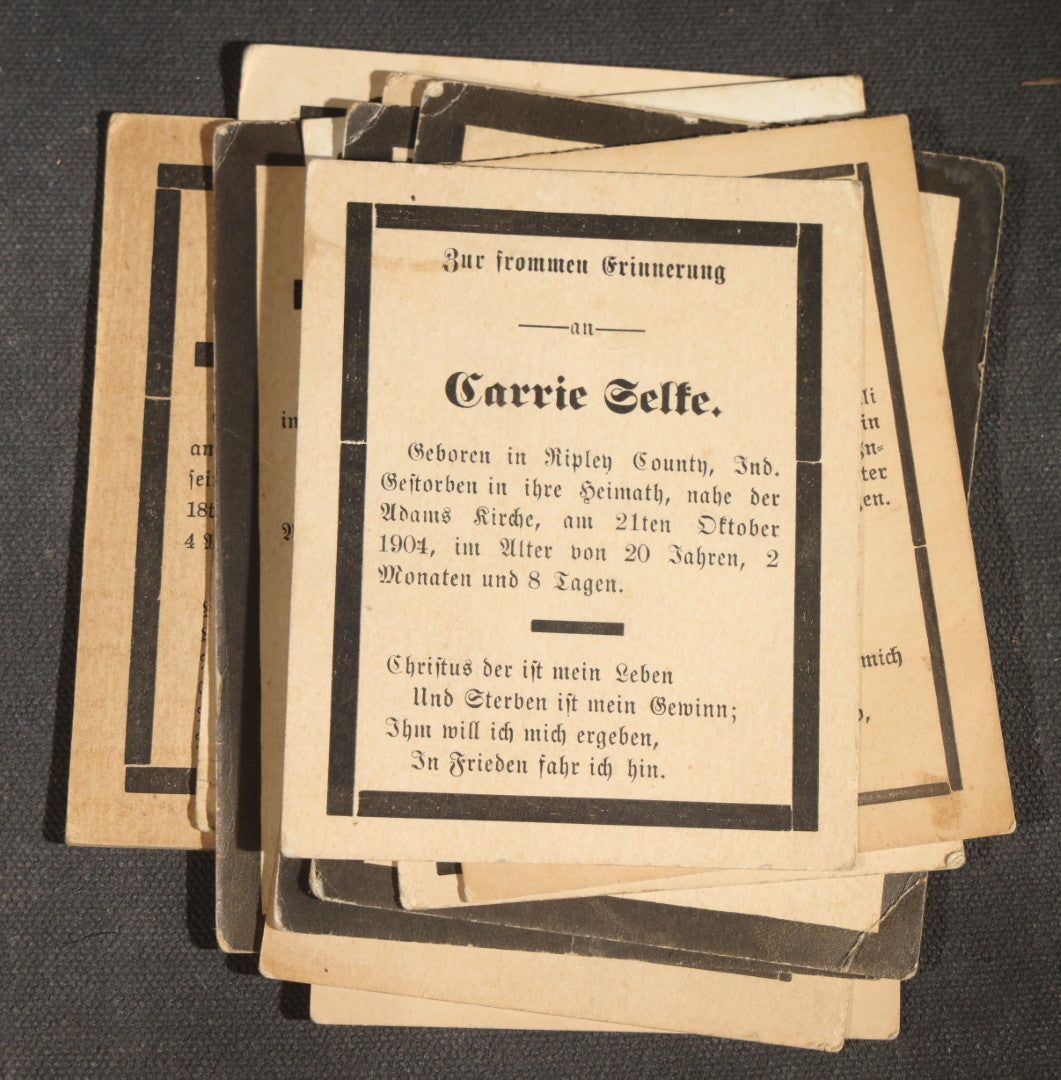 Grouping of 16 Antique German-Language Mourning Memorial Cards, German Immigrant Families, Ripley County, Indiana Area, Circa 1899-1906
