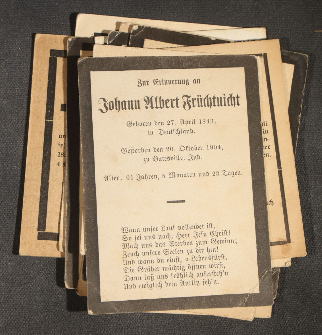 Grouping of 16 Antique German-Language Mourning Memorial Cards, German Immigrant Families, Ripley County, Indiana Area, Circa 1899-1906