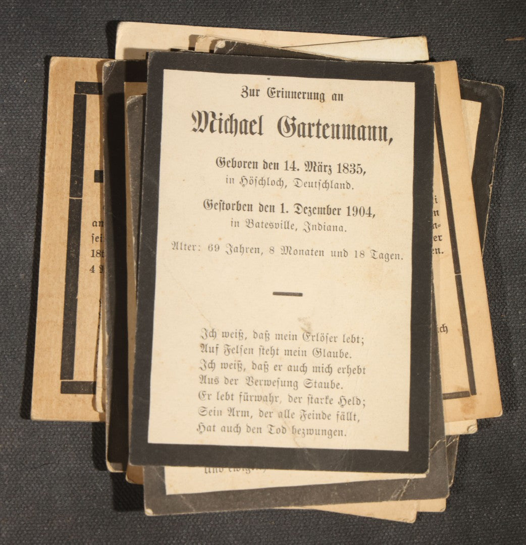 Grouping of 16 Antique German-Language Mourning Memorial Cards, German Immigrant Families, Ripley County, Indiana Area, Circa 1899-1906