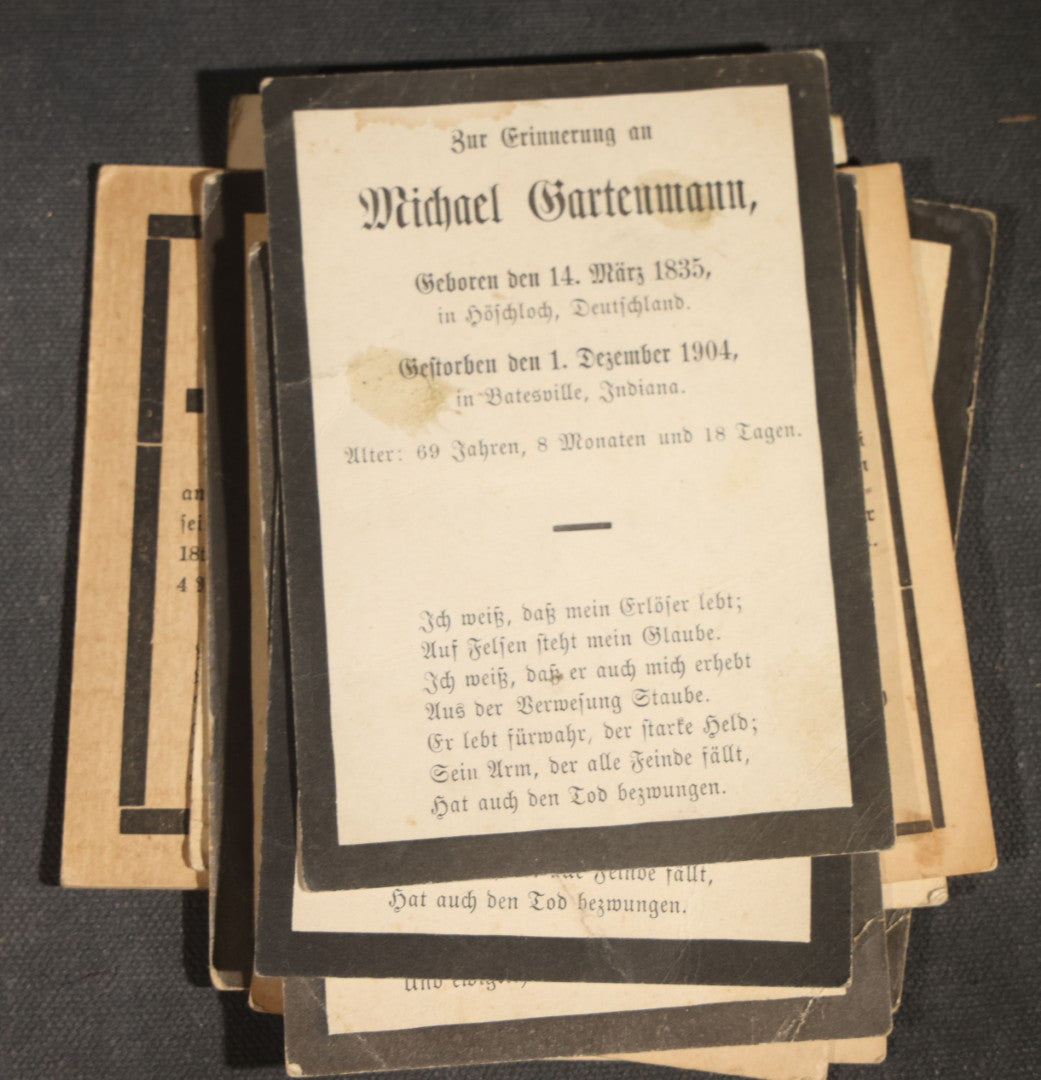 Grouping of 16 Antique German-Language Mourning Memorial Cards, German Immigrant Families, Ripley County, Indiana Area, Circa 1899-1906