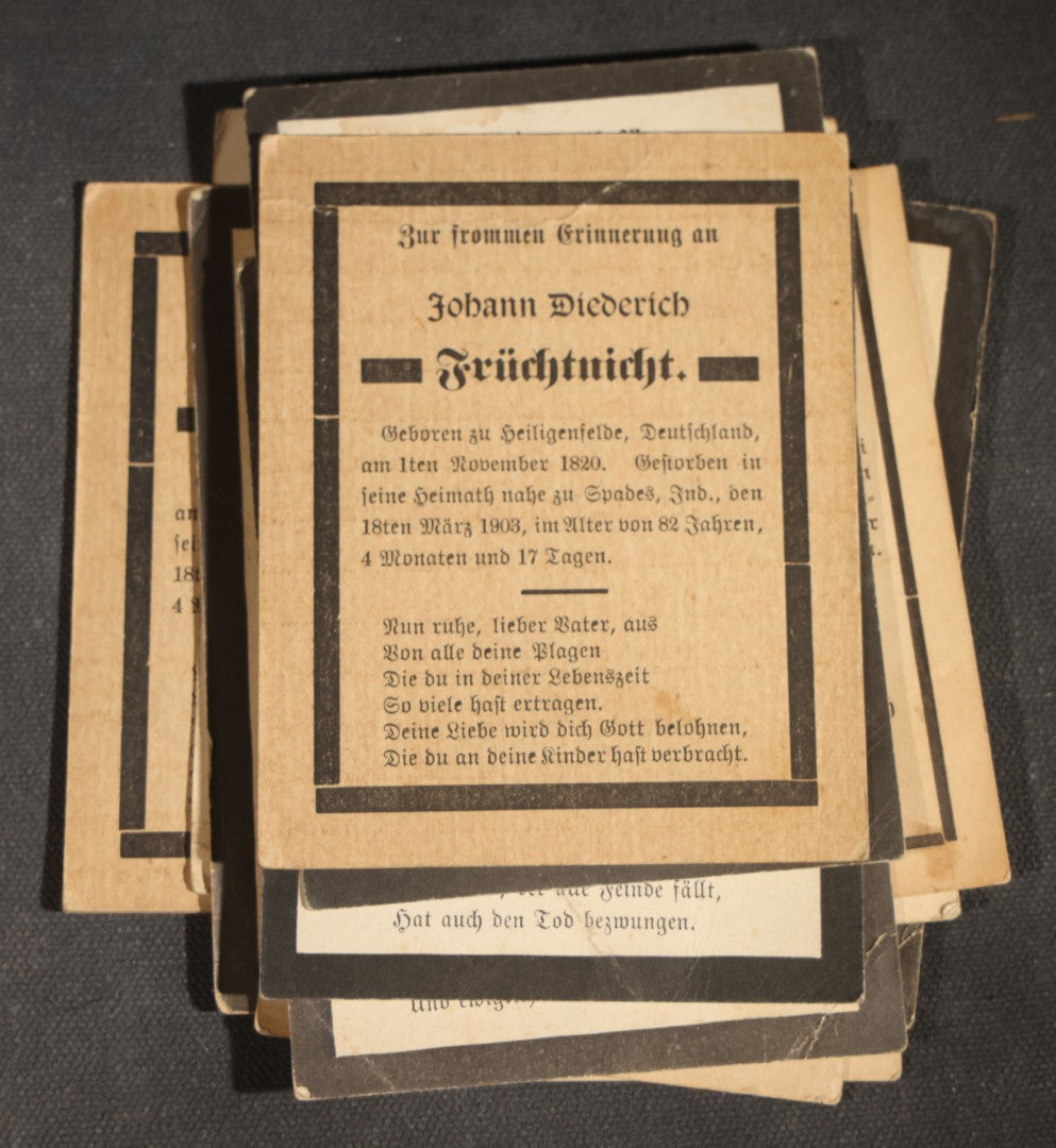 Grouping of 16 Antique German-Language Mourning Memorial Cards, German Immigrant Families, Ripley County, Indiana Area, Circa 1899-1906
