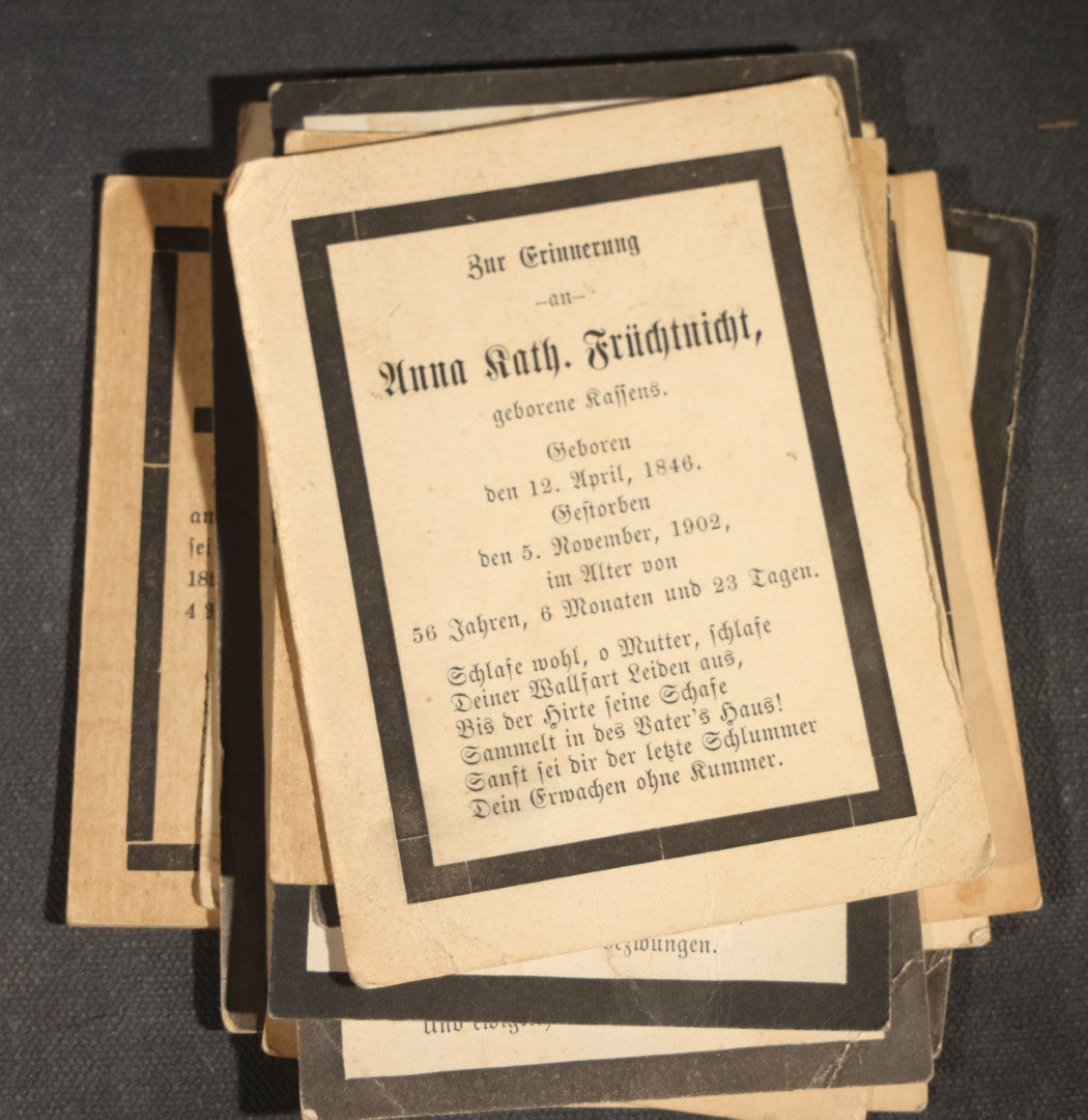 Grouping of 16 Antique German-Language Mourning Memorial Cards, German Immigrant Families, Ripley County, Indiana Area, Circa 1899-1906