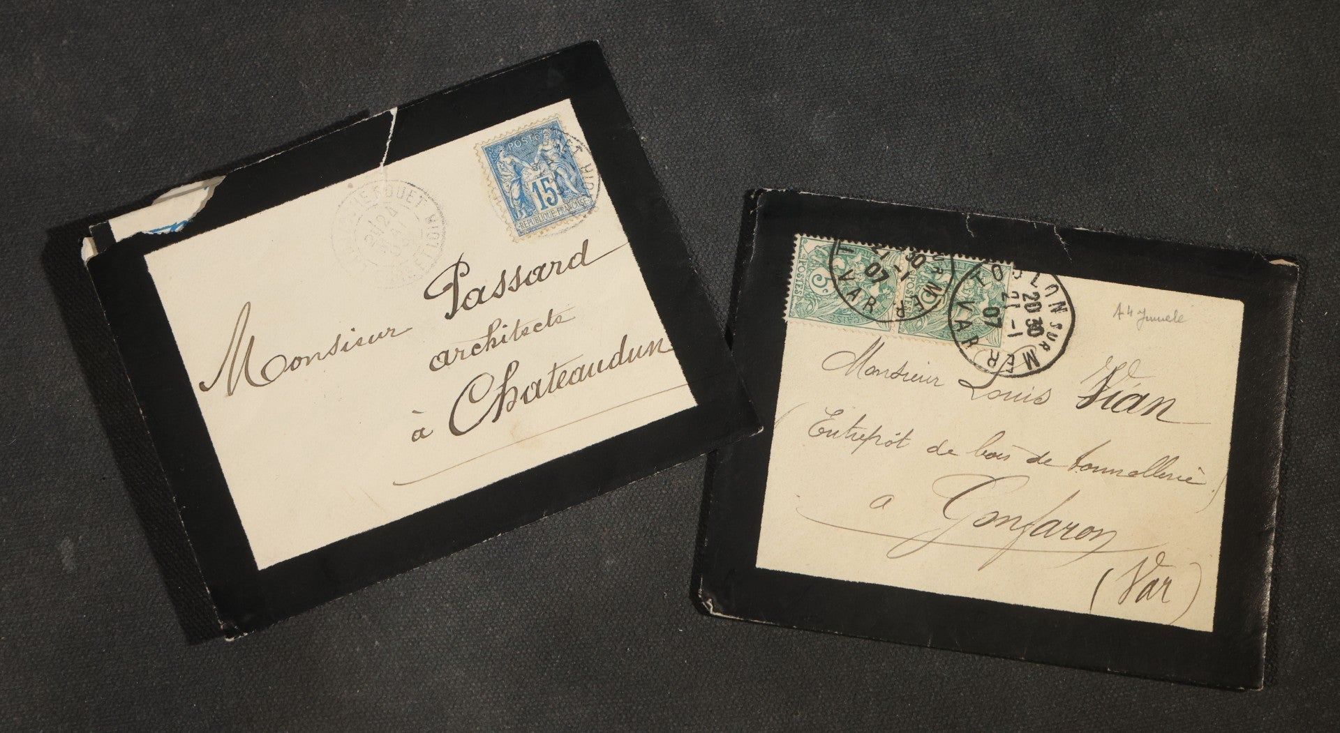 Pair of Antique French Mourning Correspondence with Black-Bordered Envelopes and Letters, Addressed to Gonfaron, Var and Chateaudun, Circa 1890s-1907