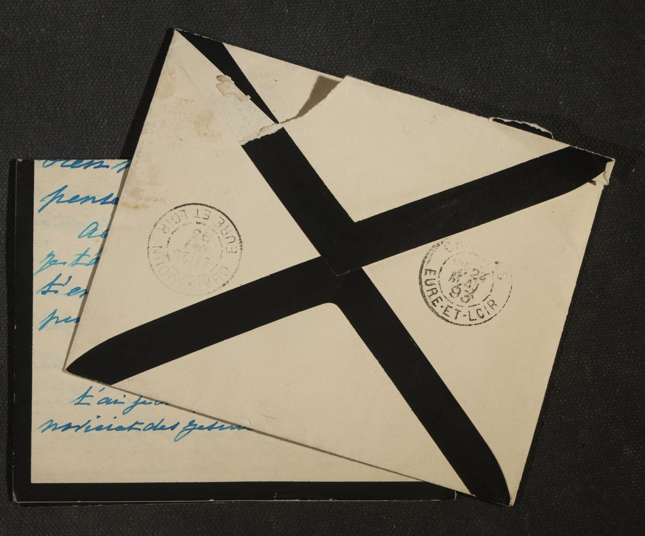Pair of Antique French Mourning Correspondence with Black-Bordered Envelopes and Letters, Addressed to Gonfaron, Var and Chateaudun, Circa 1890s-1907