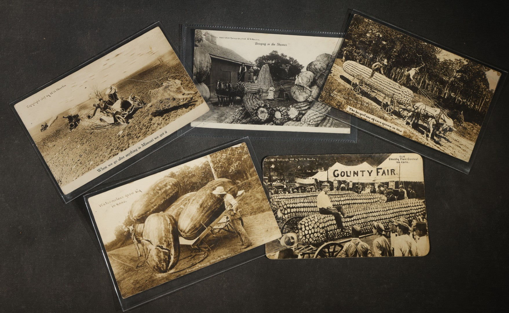 Grouping of Six Antique Exaggeration Real Photo Postcards R.P.P.C., Photographed by W.H. Martin, Including "The Largest Ear of Corn Grown in Mo.," "Watermelons Grow Big in Kans.," And "Our County Fair Contest on Corn," 1907-1910