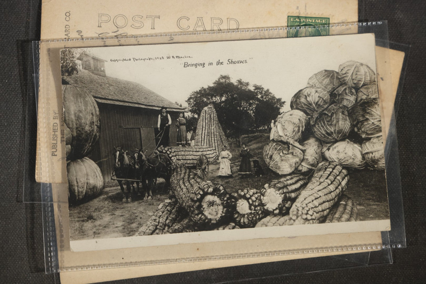 Grouping of Six Antique Exaggeration Real Photo Postcards R.P.P.C., Photographed by W.H. Martin, Including "The Largest Ear of Corn Grown in Mo.," "Watermelons Grow Big in Kans.," And "Our County Fair Contest on Corn," 1907-1910