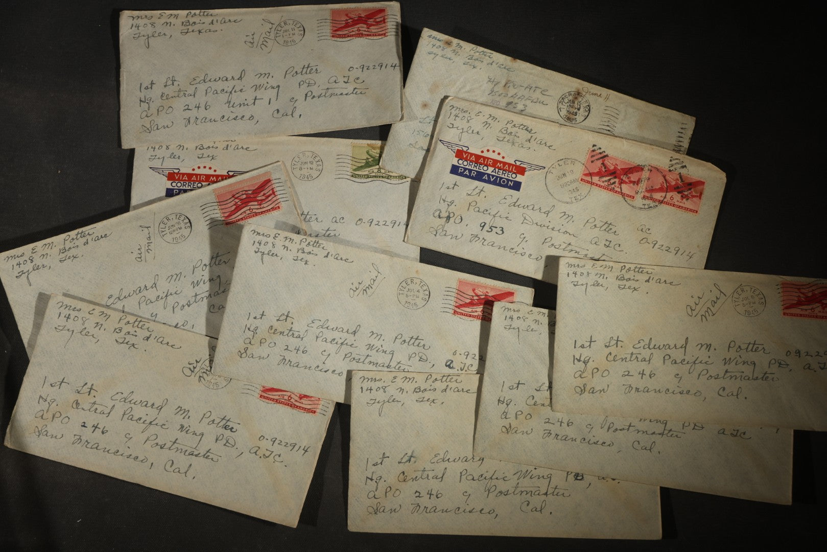 Grouping of 10 Vintage WWII-Era Handwritten Letters from Mrs. Myra Potter of Tyler, Texas to 1st Lt. Edward M. Potter, U.S. Army Air Forces, Central Pacific Wing A.T.C., Written on U.S.A.A.F. Stationery, 1945