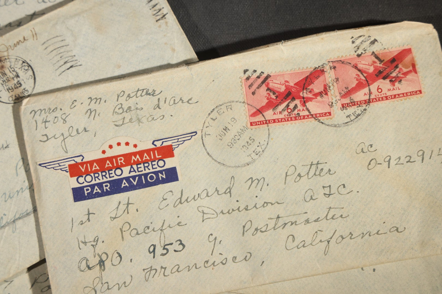 Grouping of 10 Vintage WWII-Era Handwritten Letters from Mrs. Myra Potter of Tyler, Texas to 1st Lt. Edward M. Potter, U.S. Army Air Forces, Central Pacific Wing A.T.C., Written on U.S.A.A.F. Stationery, 1945