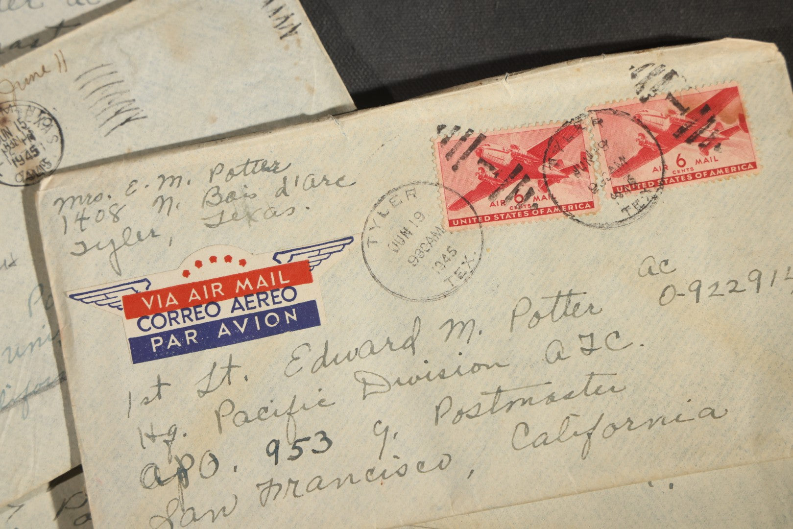 Grouping of 10 Vintage WWII-Era Handwritten Letters from Mrs. Myra Potter of Tyler, Texas to 1st Lt. Edward M. Potter, U.S. Army Air Forces, Central Pacific Wing A.T.C., Written on U.S.A.A.F. Stationery, 1945