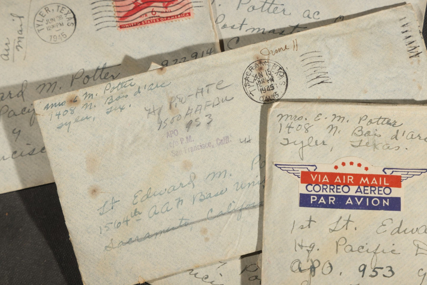 Grouping of 10 Vintage WWII-Era Handwritten Letters from Mrs. Myra Potter of Tyler, Texas to 1st Lt. Edward M. Potter, U.S. Army Air Forces, Central Pacific Wing A.T.C., Written on U.S.A.A.F. Stationery, 1945