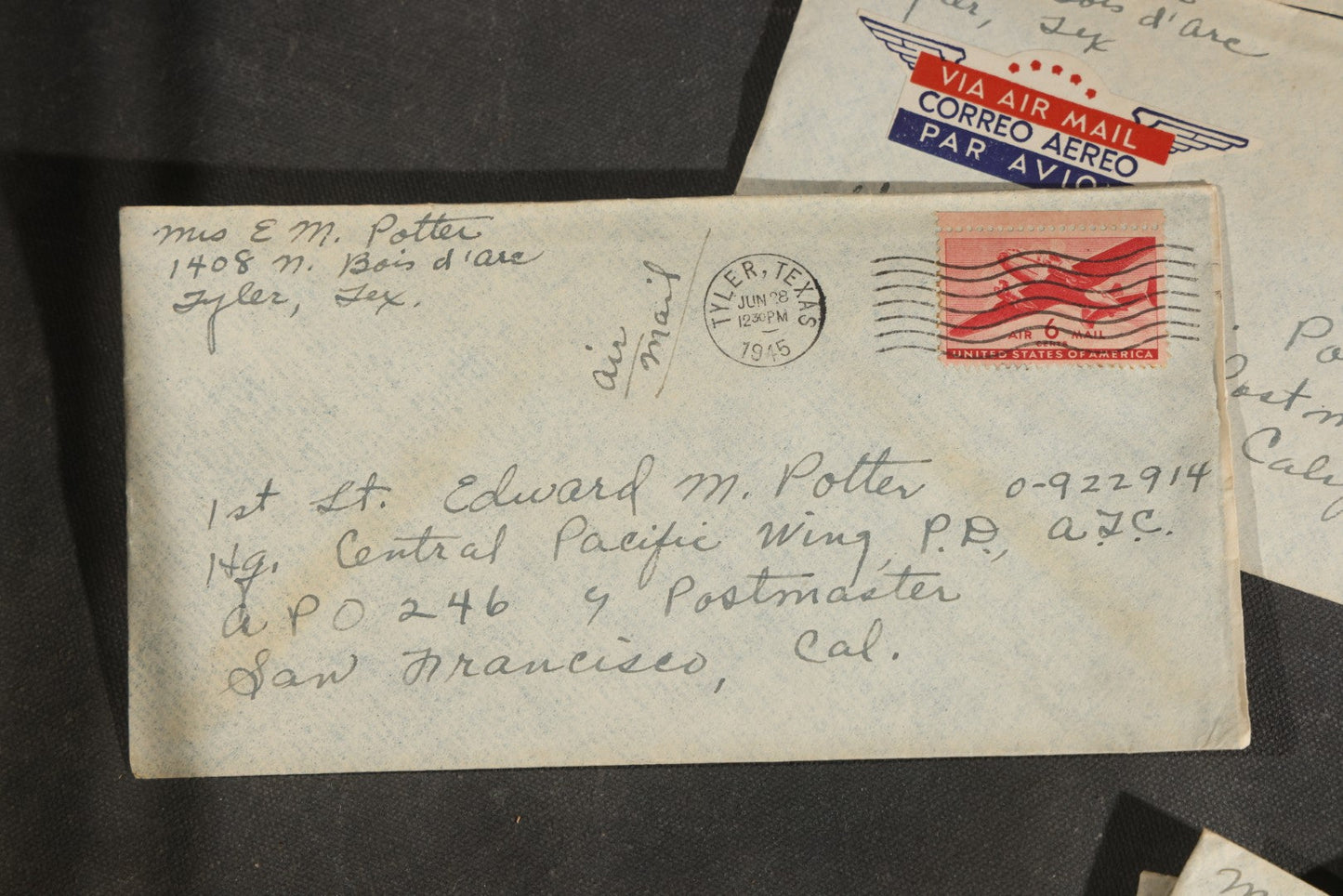 Grouping of 10 Vintage WWII-Era Handwritten Letters from Mrs. Myra Potter of Tyler, Texas to 1st Lt. Edward M. Potter, U.S. Army Air Forces, Central Pacific Wing A.T.C., Written on U.S.A.A.F. Stationery, 1945