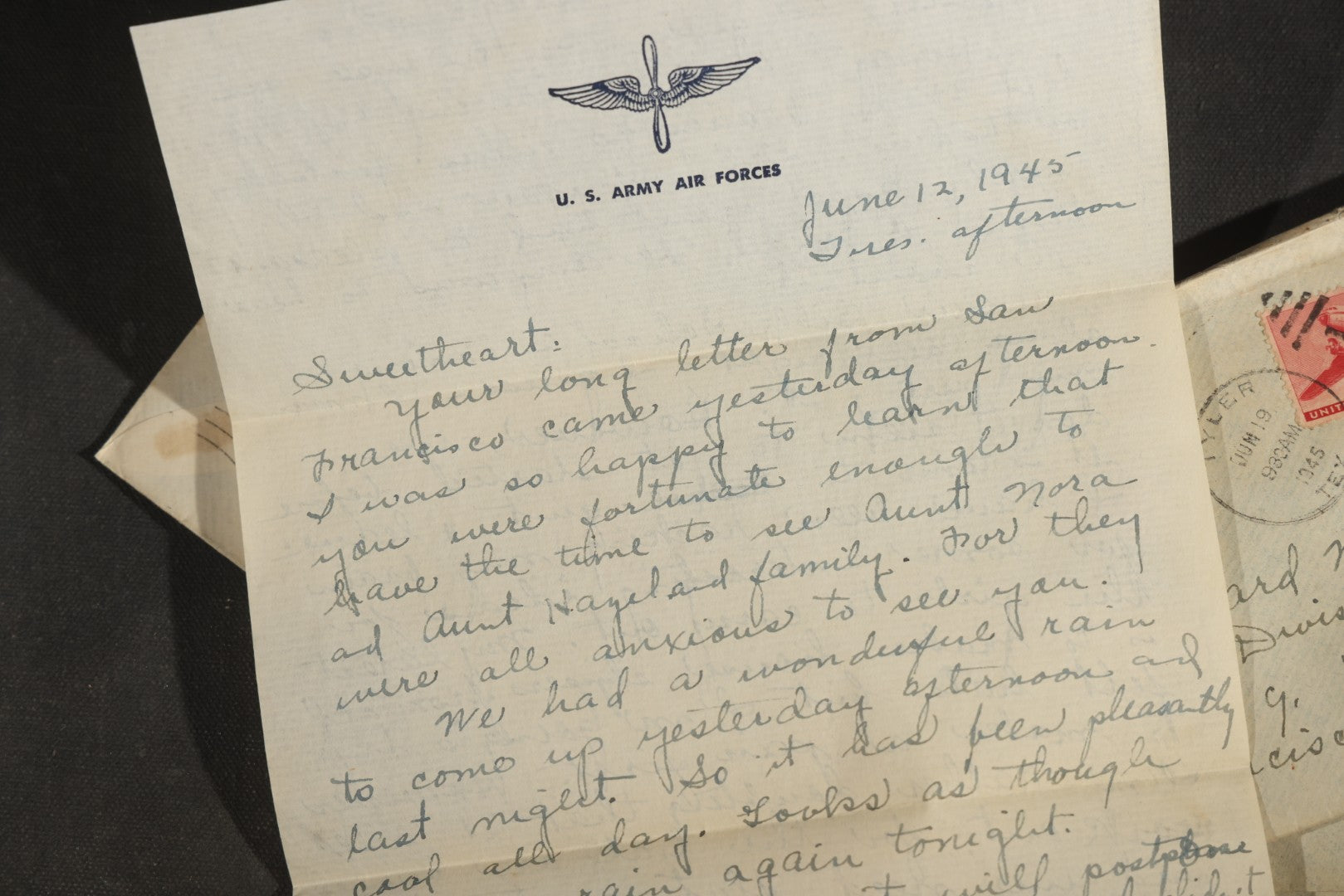 Grouping of 10 Vintage WWII-Era Handwritten Letters from Mrs. Myra Potter of Tyler, Texas to 1st Lt. Edward M. Potter, U.S. Army Air Forces, Central Pacific Wing A.T.C., Written on U.S.A.A.F. Stationery, 1945