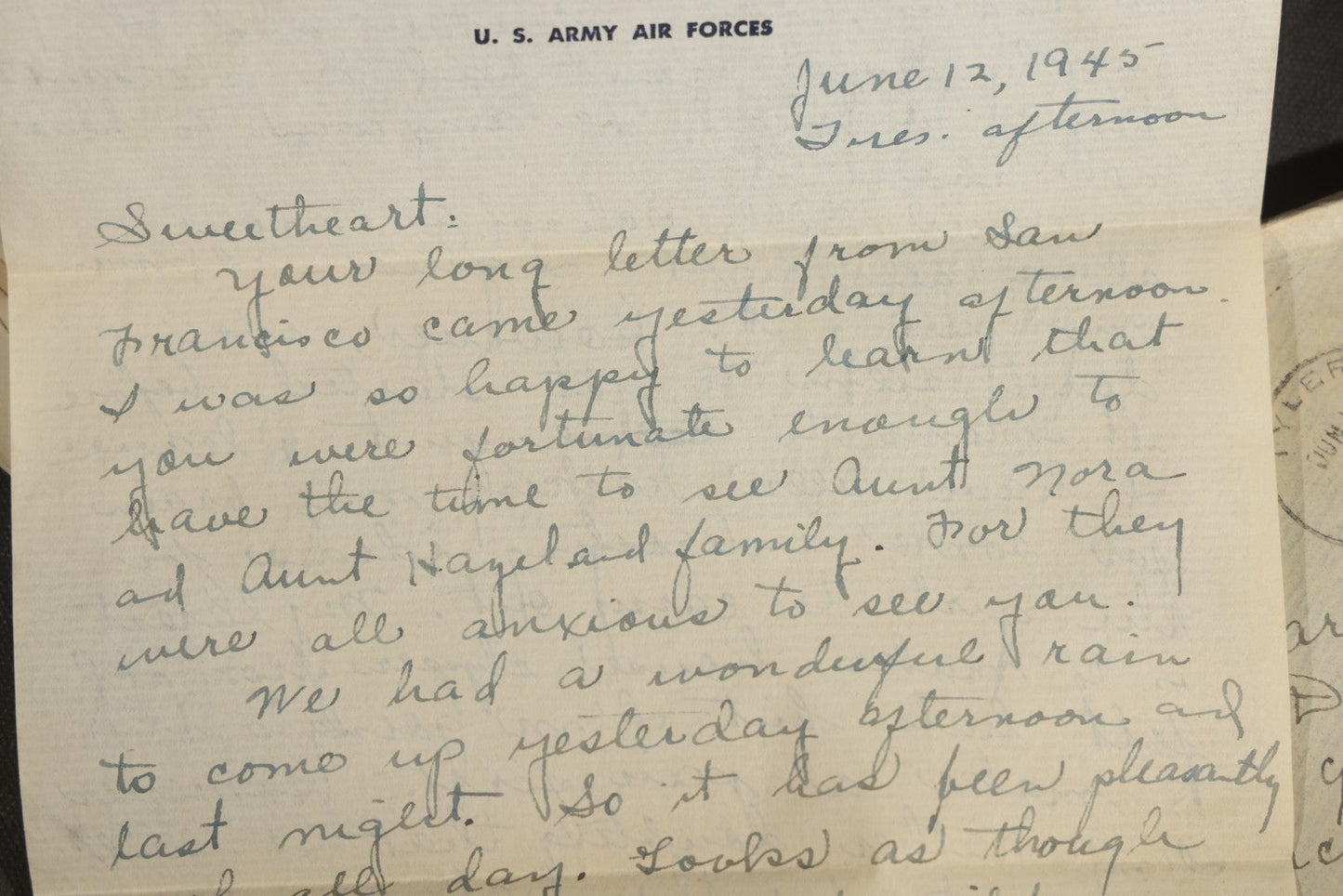 Grouping of 10 Vintage WWII-Era Handwritten Letters from Mrs. Myra Potter of Tyler, Texas to 1st Lt. Edward M. Potter, U.S. Army Air Forces, Central Pacific Wing A.T.C., Written on U.S.A.A.F. Stationery, 1945