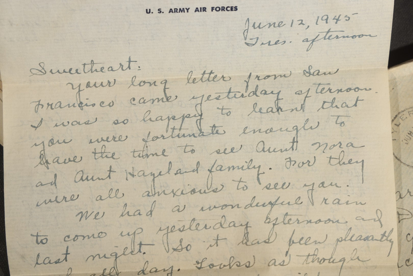 Grouping of 10 Vintage WWII-Era Handwritten Letters from Mrs. Myra Potter of Tyler, Texas to 1st Lt. Edward M. Potter, U.S. Army Air Forces, Central Pacific Wing A.T.C., Written on U.S.A.A.F. Stationery, 1945