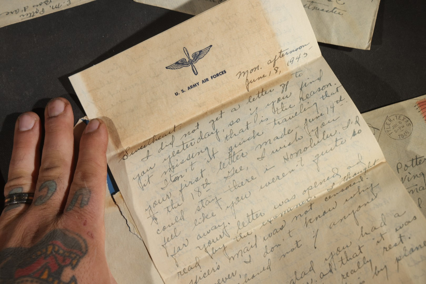 Grouping of 10 Vintage WWII-Era Handwritten Letters from Mrs. Myra Potter of Tyler, Texas to 1st Lt. Edward M. Potter, U.S. Army Air Forces, Central Pacific Wing A.T.C., Written on U.S.A.A.F. Stationery, 1945