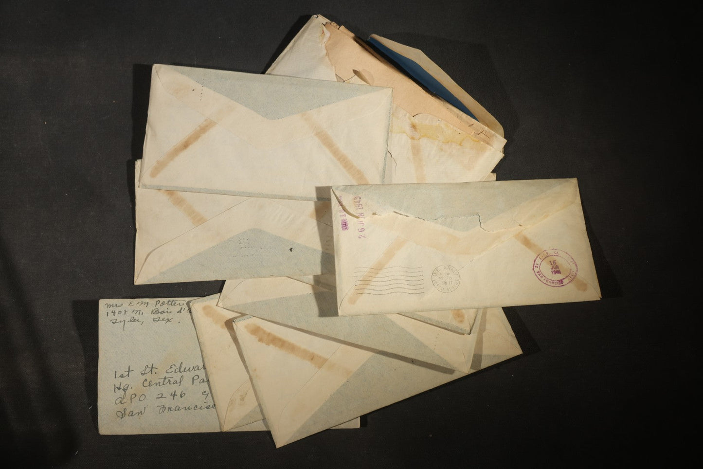 Grouping of 10 Vintage WWII-Era Handwritten Letters from Mrs. Myra Potter of Tyler, Texas to 1st Lt. Edward M. Potter, U.S. Army Air Forces, Central Pacific Wing A.T.C., Written on U.S.A.A.F. Stationery, 1945