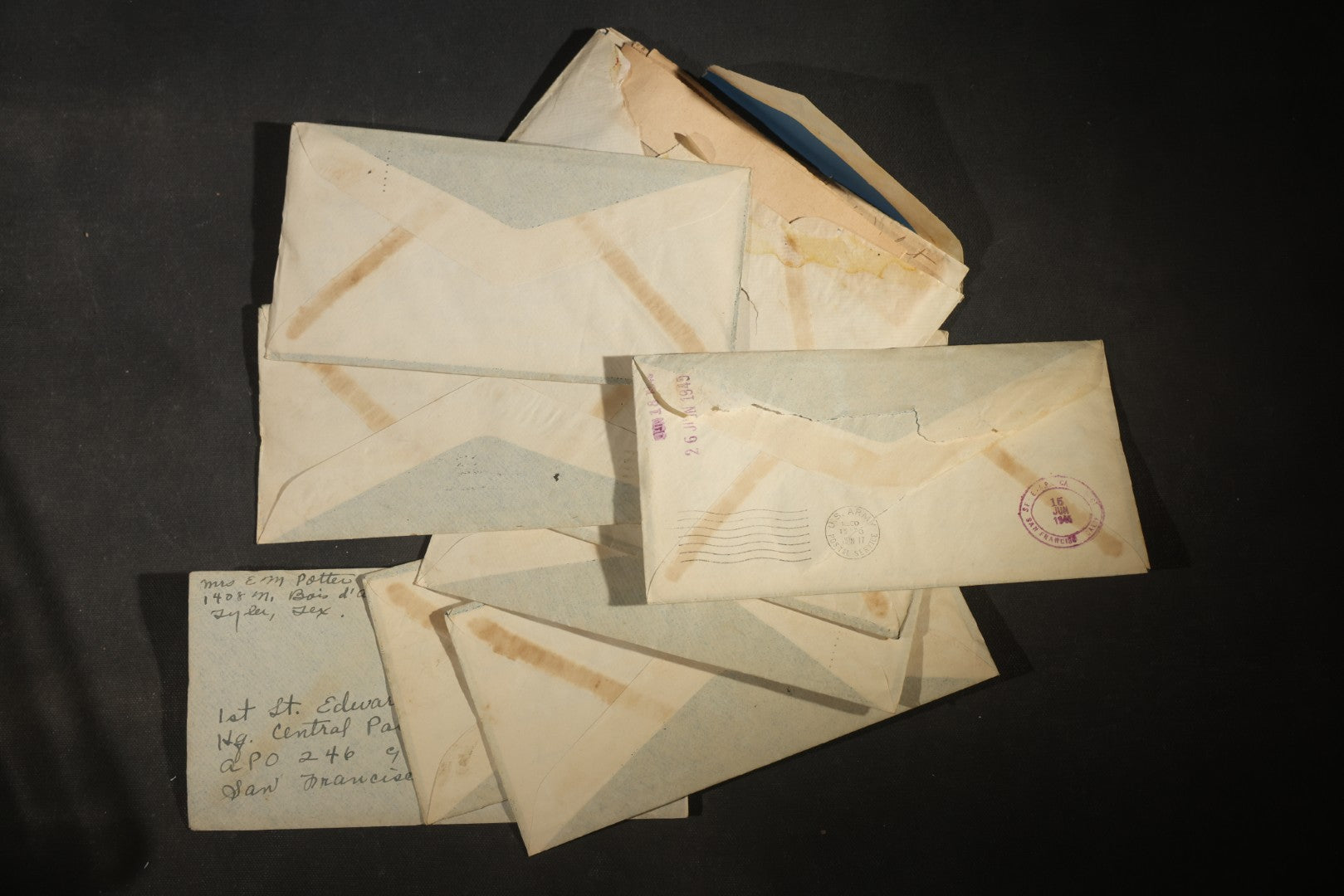 Grouping of 10 Vintage WWII-Era Handwritten Letters from Mrs. Myra Potter of Tyler, Texas to 1st Lt. Edward M. Potter, U.S. Army Air Forces, Central Pacific Wing A.T.C., Written on U.S.A.A.F. Stationery, 1945