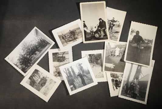 Grouping of 12 Vintage Hunting Snapshot Photographs, Men with Harvested Deer and Birds, Deer on Car Roof, Jeep, Dogs, and Rural Family Scenes, Circa 1940s-1950s