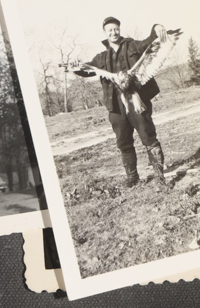 Grouping of 12 Vintage Hunting Snapshot Photographs, Men with Harvested Deer and Birds, Deer on Car Roof, Jeep, Dogs, and Rural Family Scenes, Circa 1940s-1950s