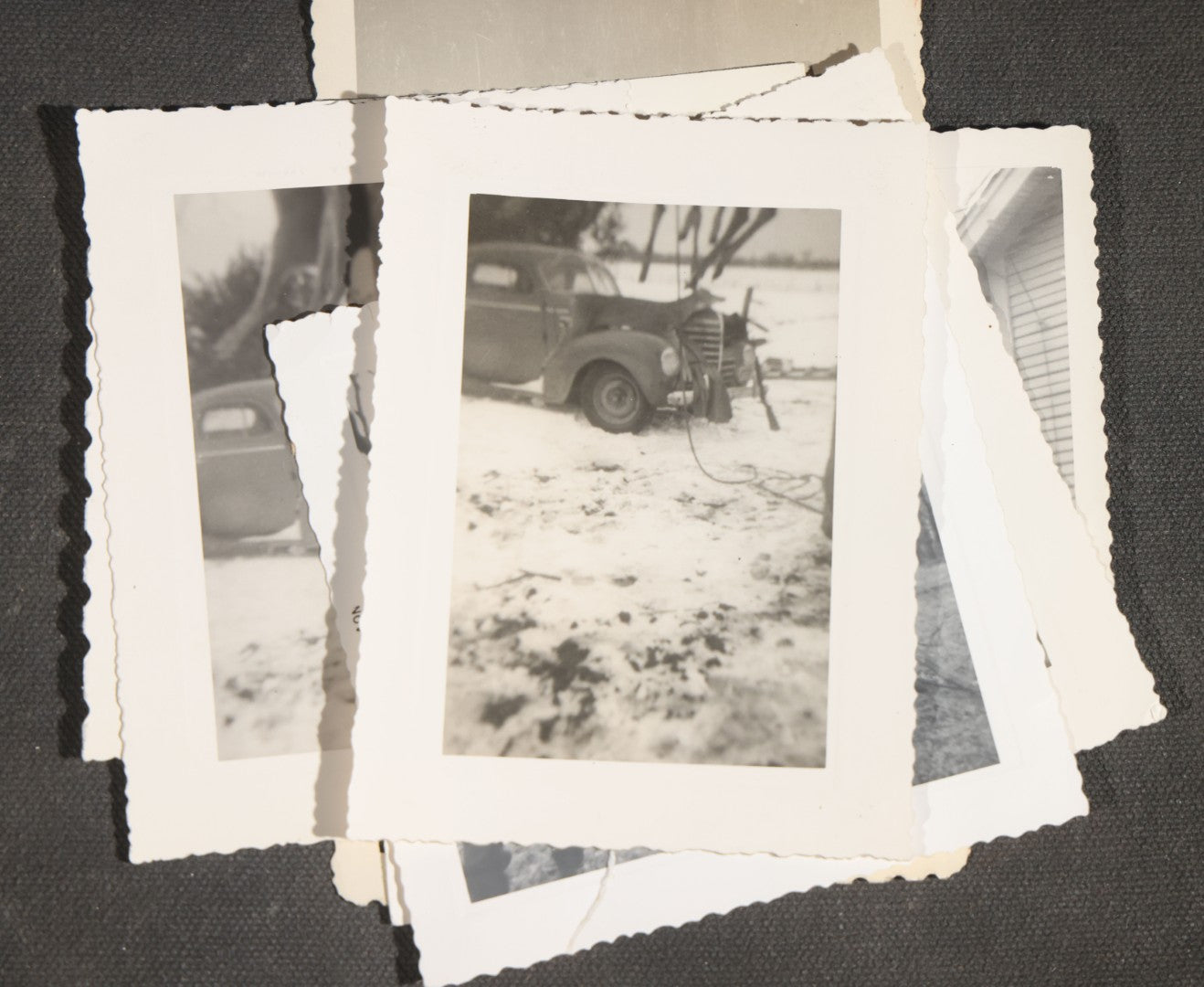 Grouping of 12 Vintage Hunting Snapshot Photographs, Men with Harvested Deer and Birds, Deer on Car Roof, Jeep, Dogs, and Rural Family Scenes, Circa 1940s-1950s