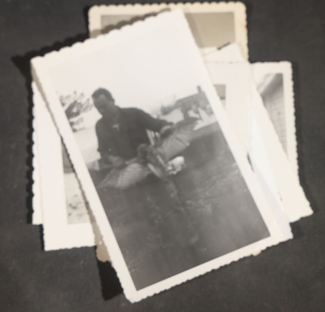 Grouping of 12 Vintage Hunting Snapshot Photographs, Men with Harvested Deer and Birds, Deer on Car Roof, Jeep, Dogs, and Rural Family Scenes, Circa 1940s-1950s