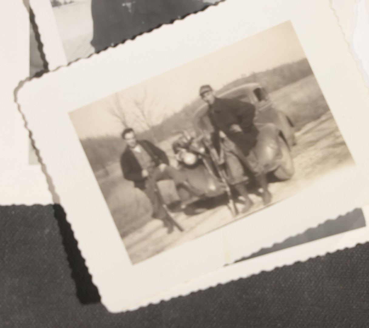 Grouping of 12 Vintage Hunting Snapshot Photographs, Men with Harvested Deer and Birds, Deer on Car Roof, Jeep, Dogs, and Rural Family Scenes, Circa 1940s-1950s
