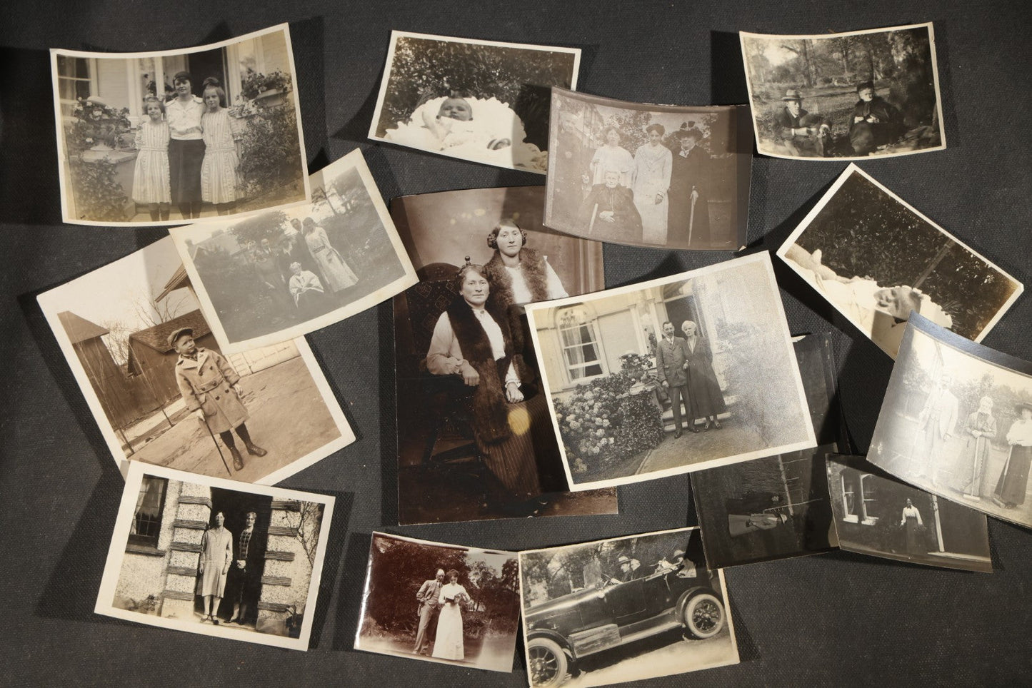 Grouping of 15 Antique and Vintage Snapshot Photographs, Family Portraits, Children, Baby, Couples, and Automobile