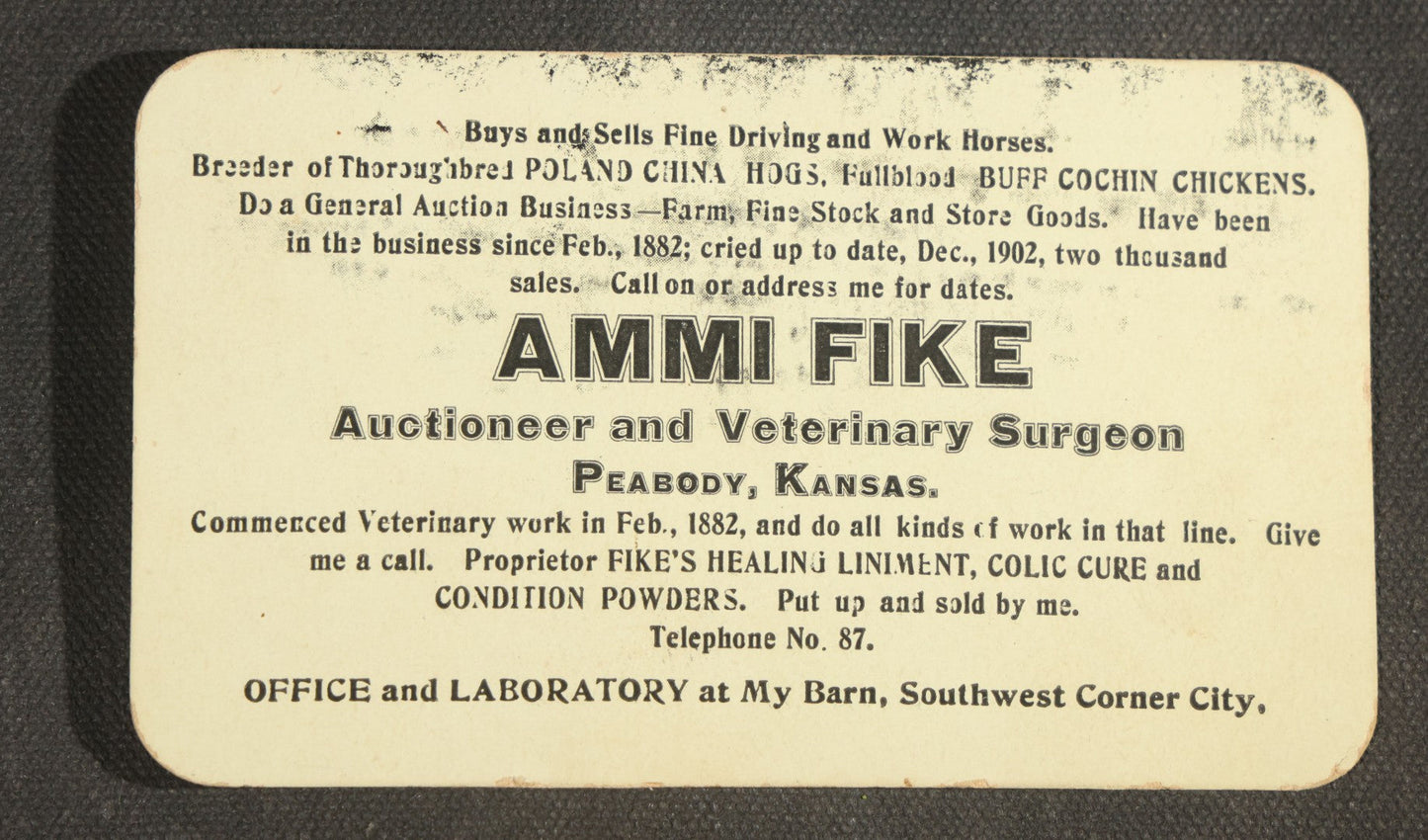 Antique Trade Card for Ammi Fike, Auctioneer and Veterinary Surgeon, Peabody, Kansas, with Photographic Portrait, Circa 1902