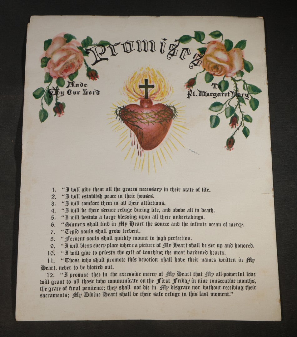 Vintage Catholic Devotional Print, "Promises Made By Our Lord To St. Margaret Mary," 12 Promises of the Sacred Heart with Roses and Sacred Heart Imagery
