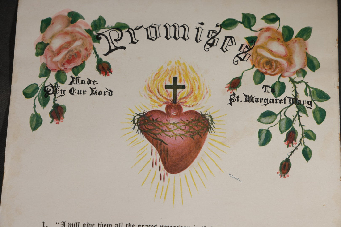 Vintage Catholic Devotional Print, "Promises Made By Our Lord To St. Margaret Mary," 12 Promises of the Sacred Heart with Roses and Sacred Heart Imagery