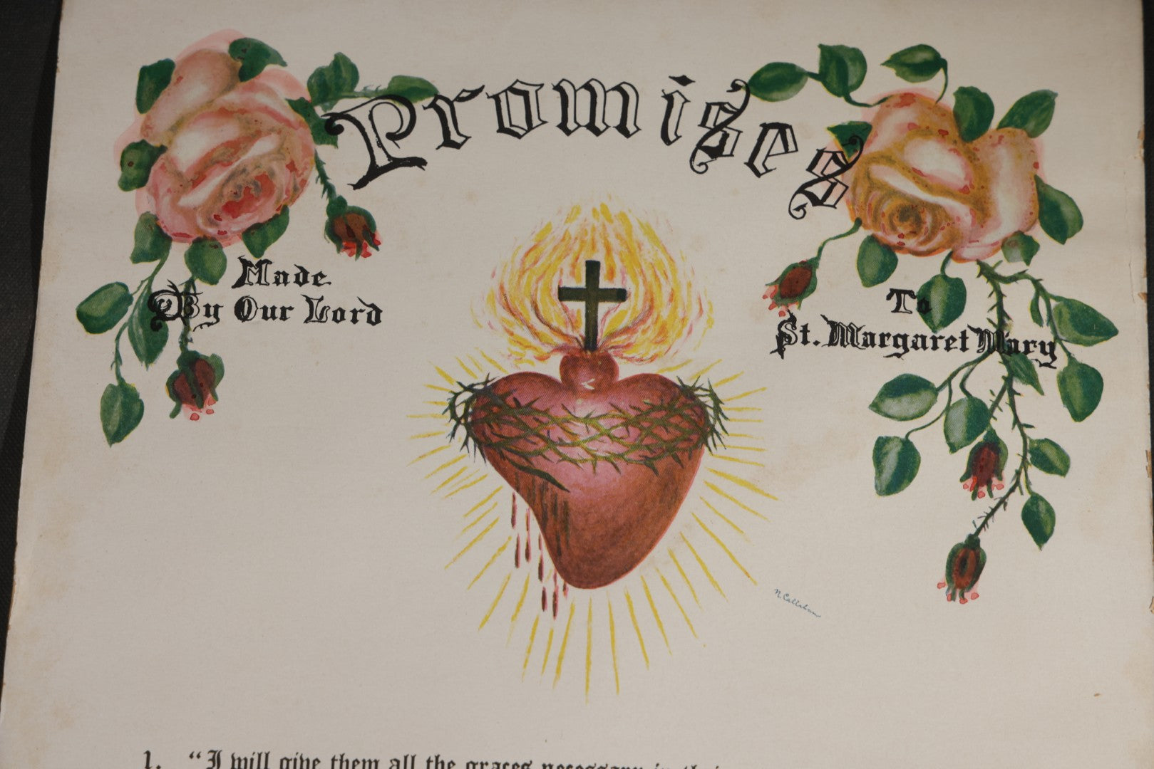 Vintage Catholic Devotional Print, "Promises Made By Our Lord To St. Margaret Mary," 12 Promises of the Sacred Heart with Roses and Sacred Heart Imagery