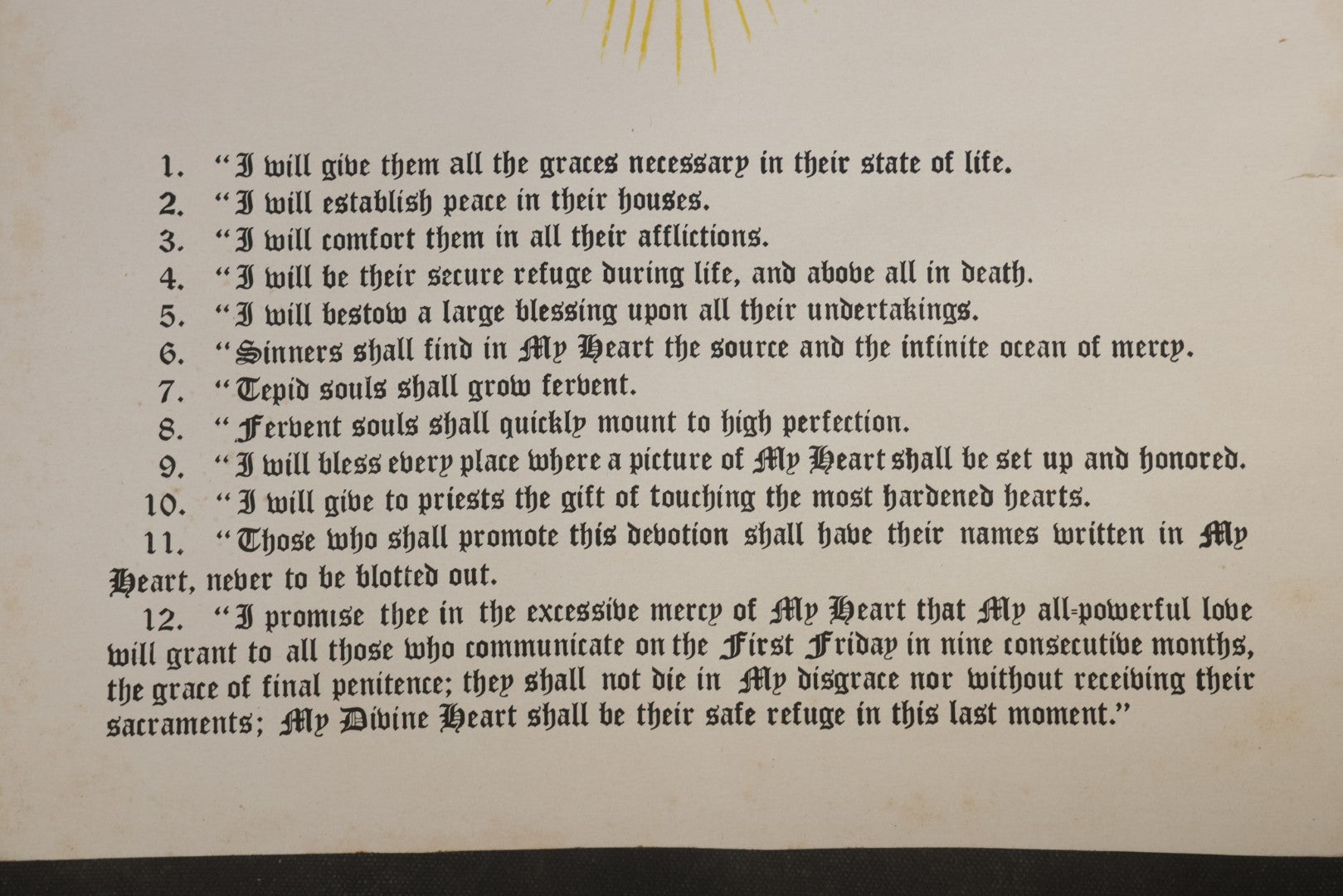 Vintage Catholic Devotional Print, "Promises Made By Our Lord To St. Margaret Mary," 12 Promises of the Sacred Heart with Roses and Sacred Heart Imagery