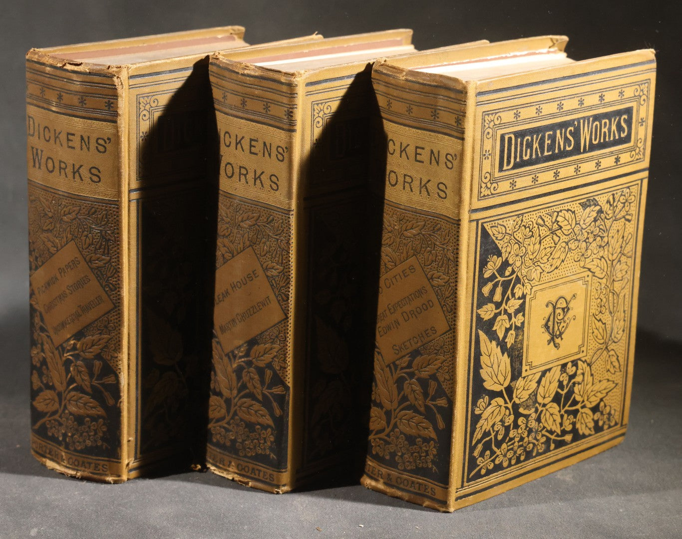 Trio of Antique "Dickens' Works" Illustrated Books including "The Pickwick Club," "Bleak House," and "A Tale of Two Cities," Published by Porter & Coates, Philadelphia, Pennsylvania, Poor Condition