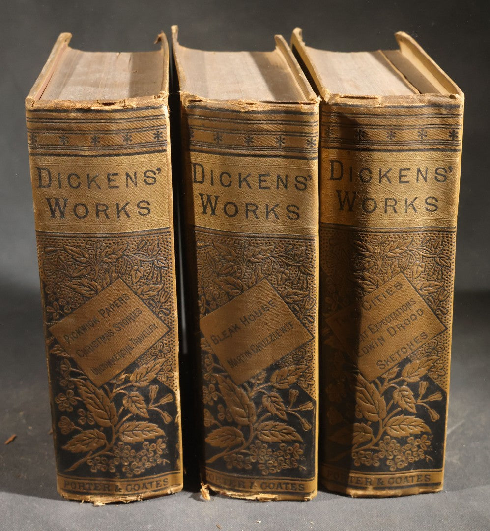 Trio of Antique "Dickens' Works" Illustrated Books including "The Pickwick Club," "Bleak House," and "A Tale of Two Cities," Published by Porter & Coates, Philadelphia, Pennsylvania, Poor Condition
