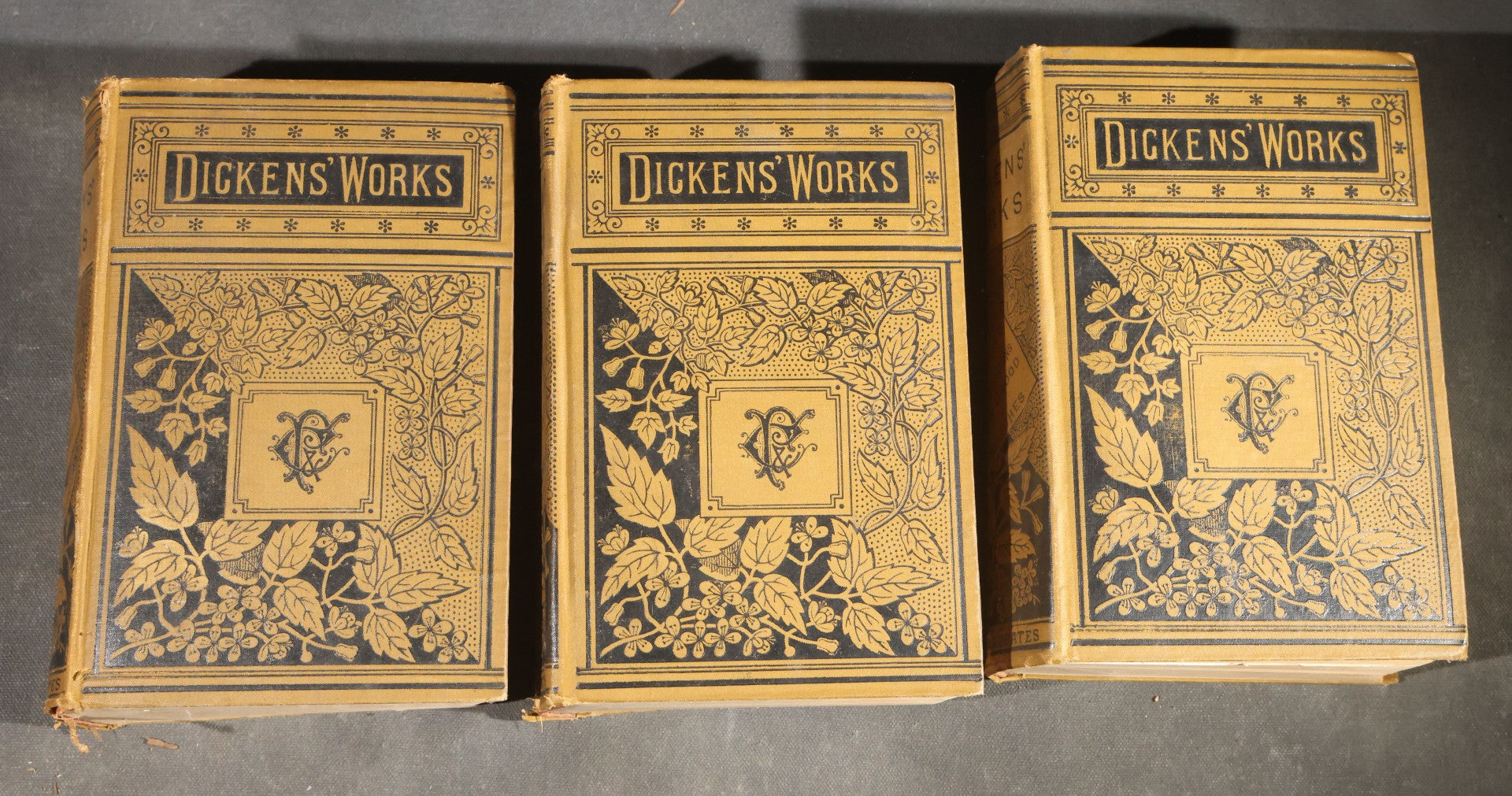 Trio of Antique "Dickens' Works" Illustrated Books including "The Pickwick Club," "Bleak House," and "A Tale of Two Cities," Published by Porter & Coates, Philadelphia, Pennsylvania, Poor Condition