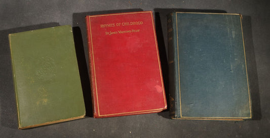 Trio of Antique Poetry and Literature Books including "A Harlot's Progress" by H. De Balzac, "Poems and Ballads" by Algernon Charles Swinburne, and "Rhymes of Childhood" by James Whitcomb Riley