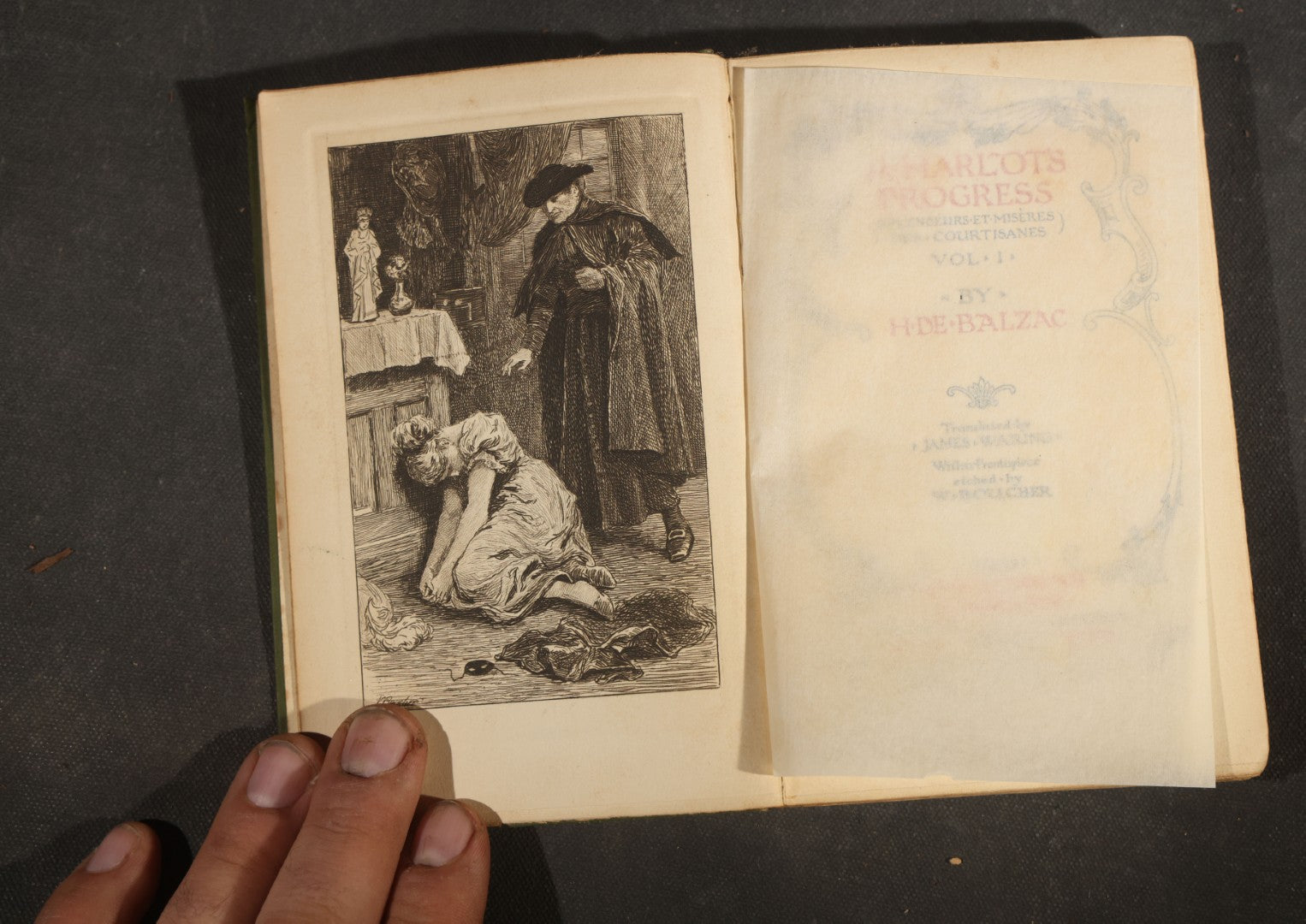 Trio of Antique Poetry and Literature Books including "A Harlot's Progress" by H. De Balzac, "Poems and Ballads" by Algernon Charles Swinburne, and "Rhymes of Childhood" by James Whitcomb Riley