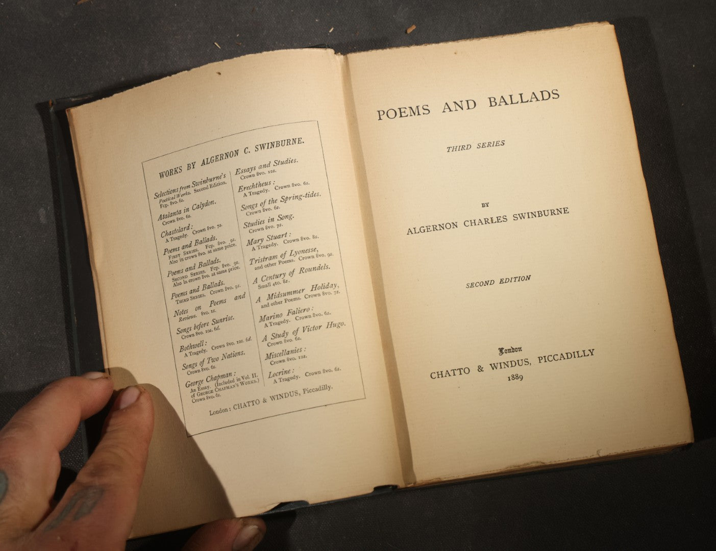 Trio of Antique Poetry and Literature Books including "A Harlot's Progress" by H. De Balzac, "Poems and Ballads" by Algernon Charles Swinburne, and "Rhymes of Childhood" by James Whitcomb Riley