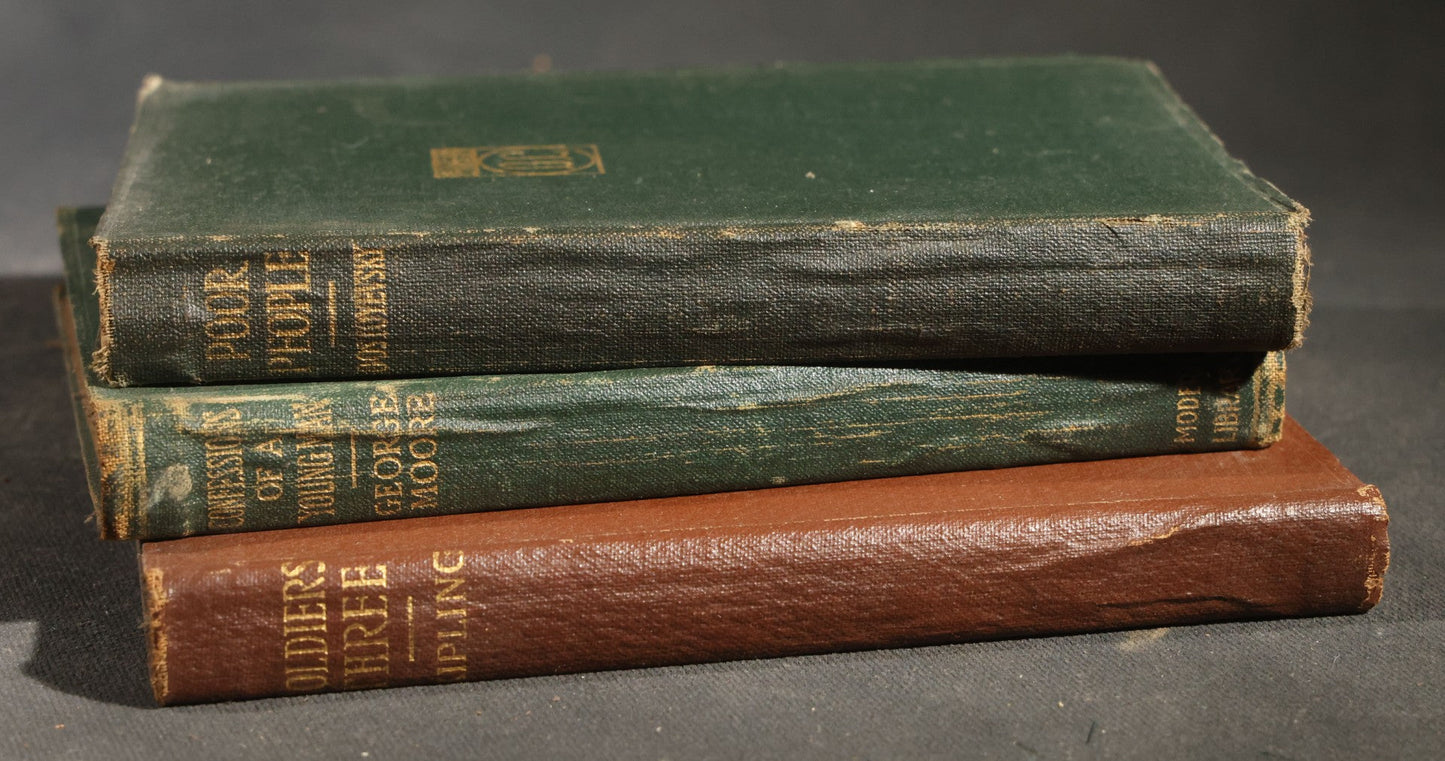 Trio of Antique Modern Library Books including "Poor People" by Dostoyevsky, "Confessions of a Young Man" by George Moore, and "Soldiers Three" by Rudyard Kipling, Published by Boni and Liveright, New York