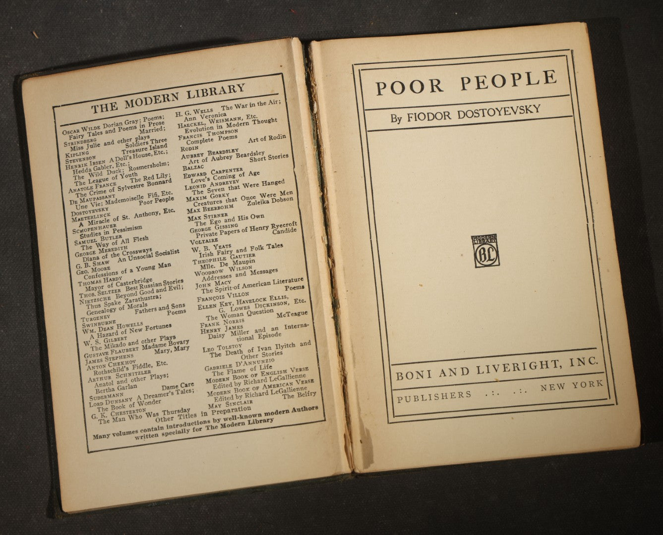 Trio of Antique Modern Library Books including "Poor People" by Dostoyevsky, "Confessions of a Young Man" by George Moore, and "Soldiers Three" by Rudyard Kipling, Published by Boni and Liveright, New York