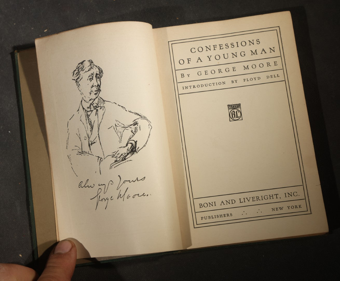 Trio of Antique Modern Library Books including "Poor People" by Dostoyevsky, "Confessions of a Young Man" by George Moore, and "Soldiers Three" by Rudyard Kipling, Published by Boni and Liveright, New York
