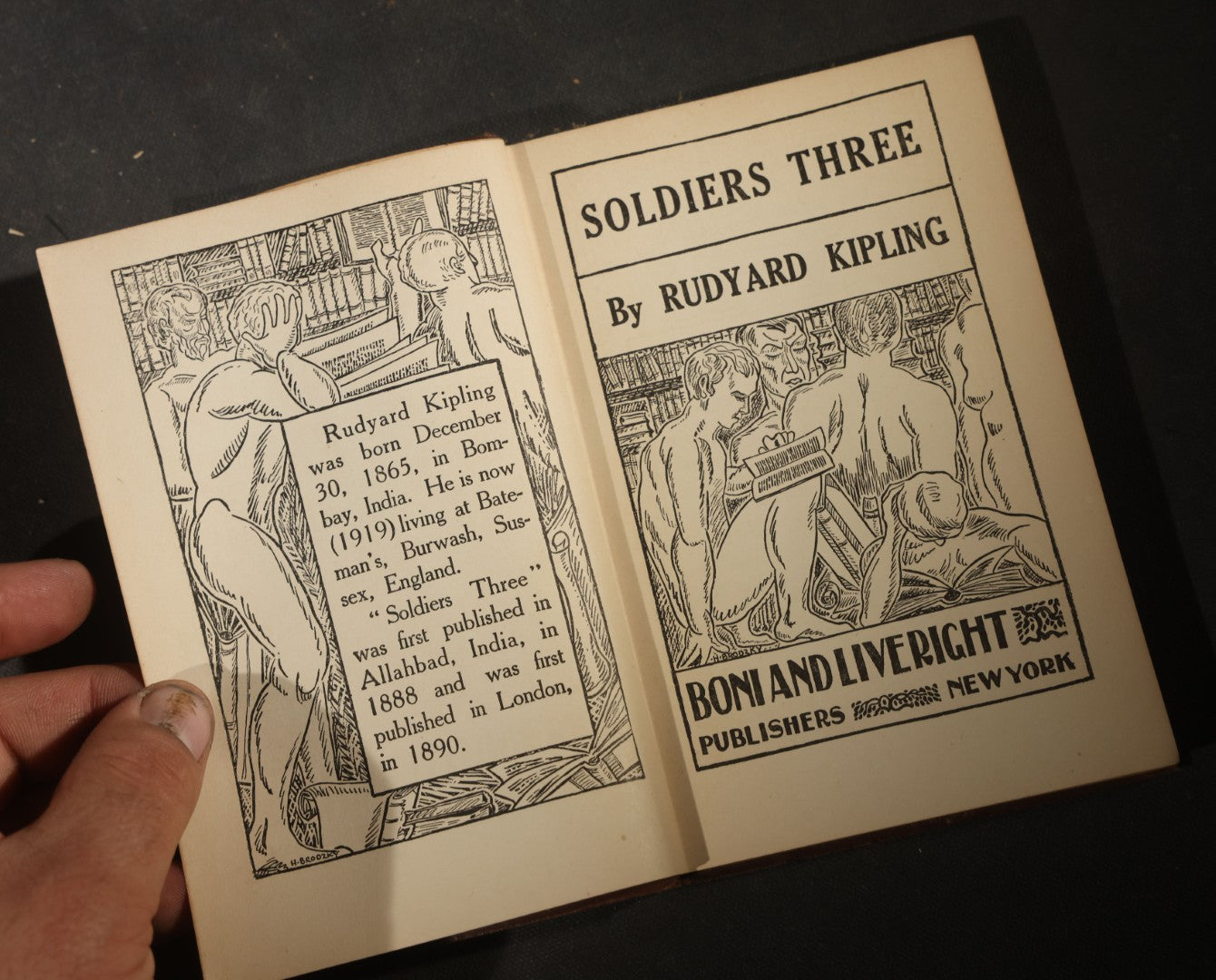Trio of Antique Modern Library Books including "Poor People" by Dostoyevsky, "Confessions of a Young Man" by George Moore, and "Soldiers Three" by Rudyard Kipling, Published by Boni and Liveright, New York