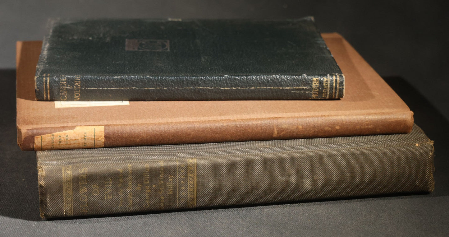 Trio of Antique and Vintage Poetry and Literature Books including "Candide" by Voltaire, "Candles That Burn" by Aline Kilmer, and "Flowers of Evil" by Charles Baudelaire
