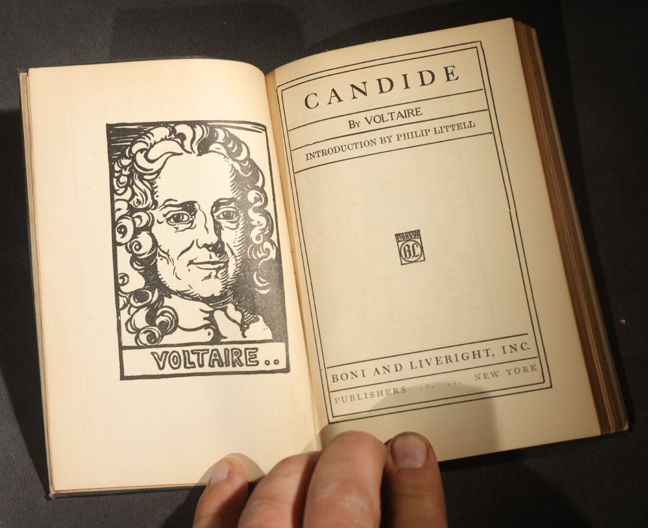 Trio of Antique and Vintage Poetry and Literature Books including "Candide" by Voltaire, "Candles That Burn" by Aline Kilmer, and "Flowers of Evil" by Charles Baudelaire